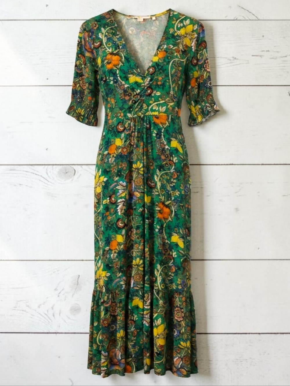 Boden Green Floral Wrap-Style Maxi Dress w/ Yellow & Orange Accents Wearable Art
